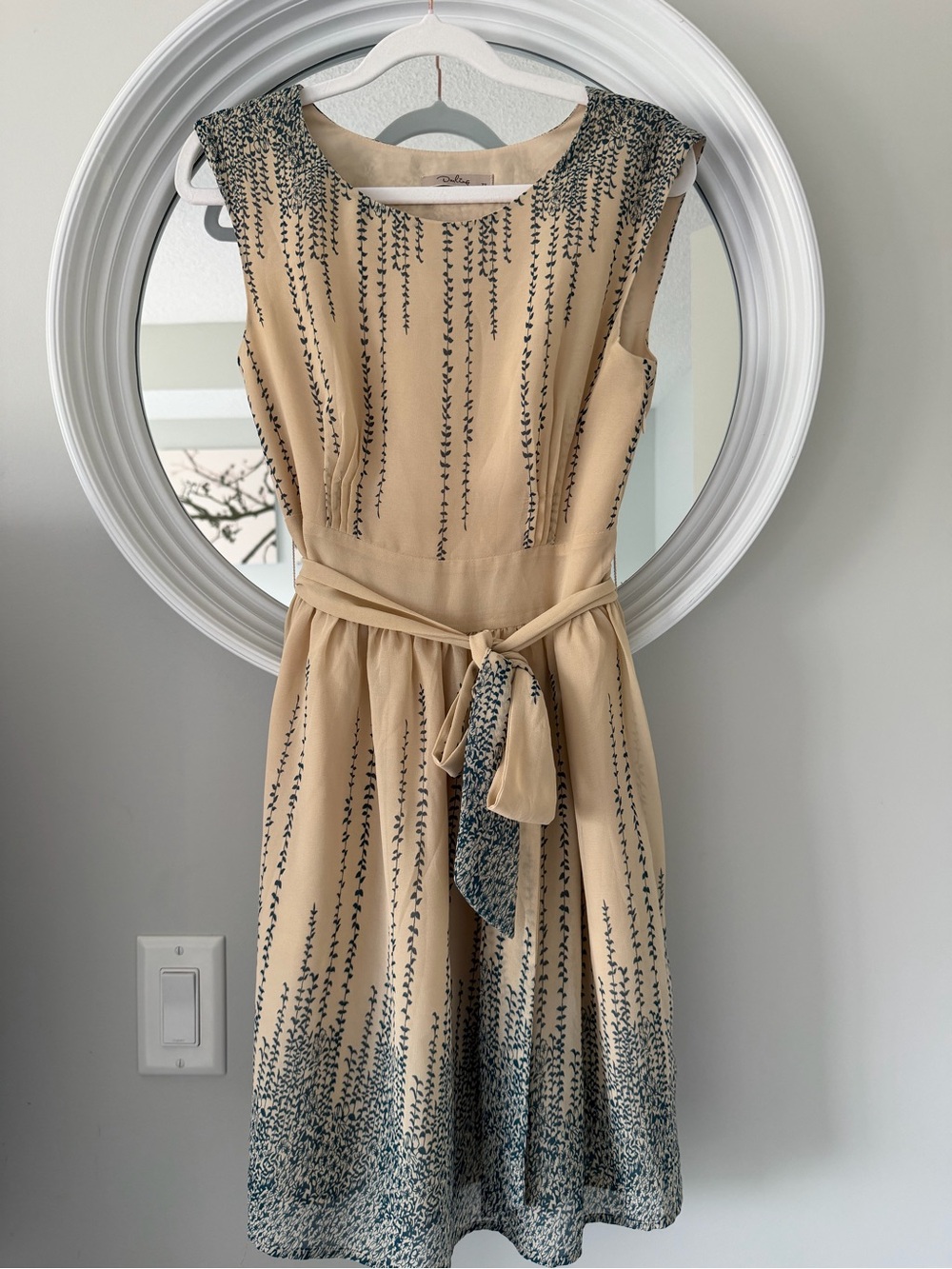 Darling Beige Dress with Navy Botanical Print